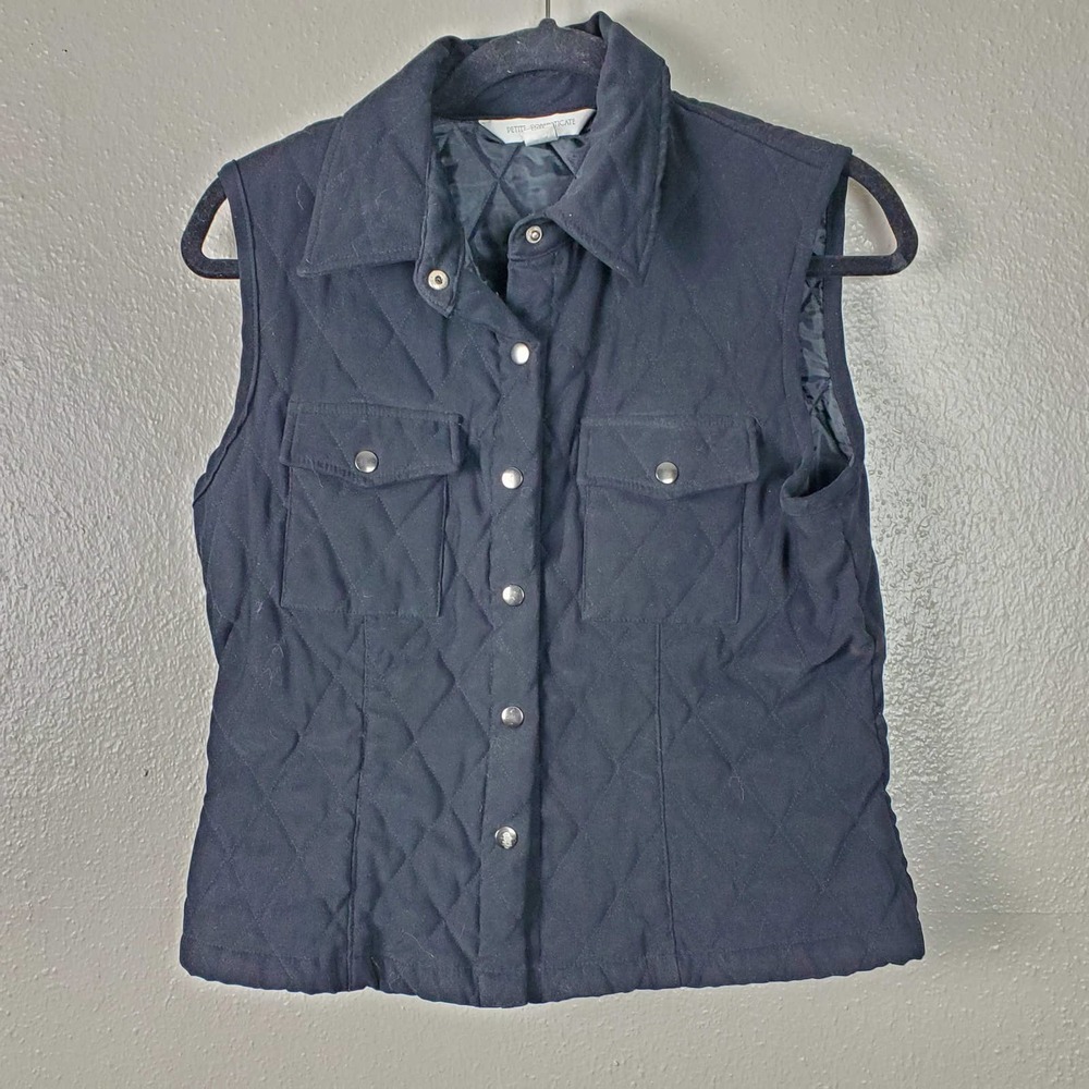 Petite Sophisticate Black Snap Front Quilted Vest